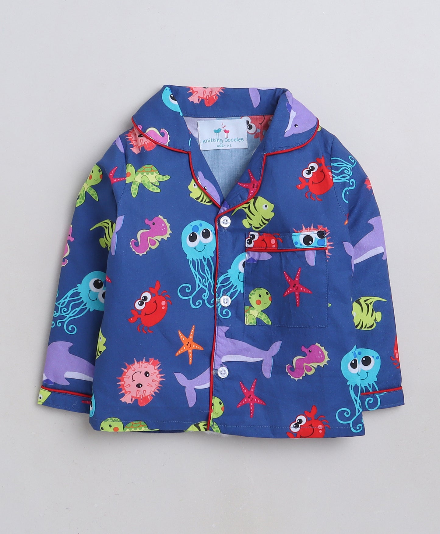 Sea Animals Print Night Suit- Blue