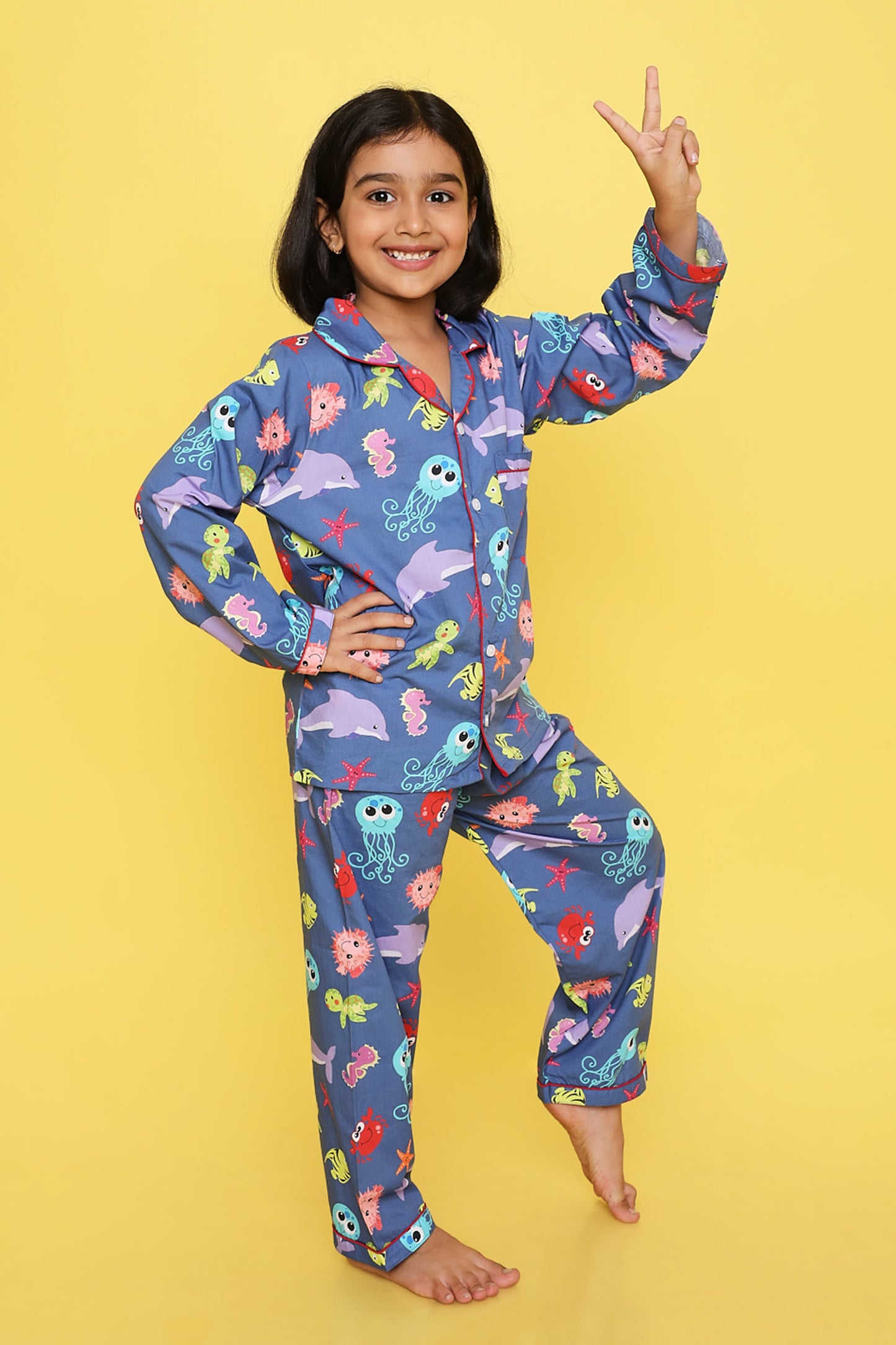 Sea Animals Print Night Suit- Blue