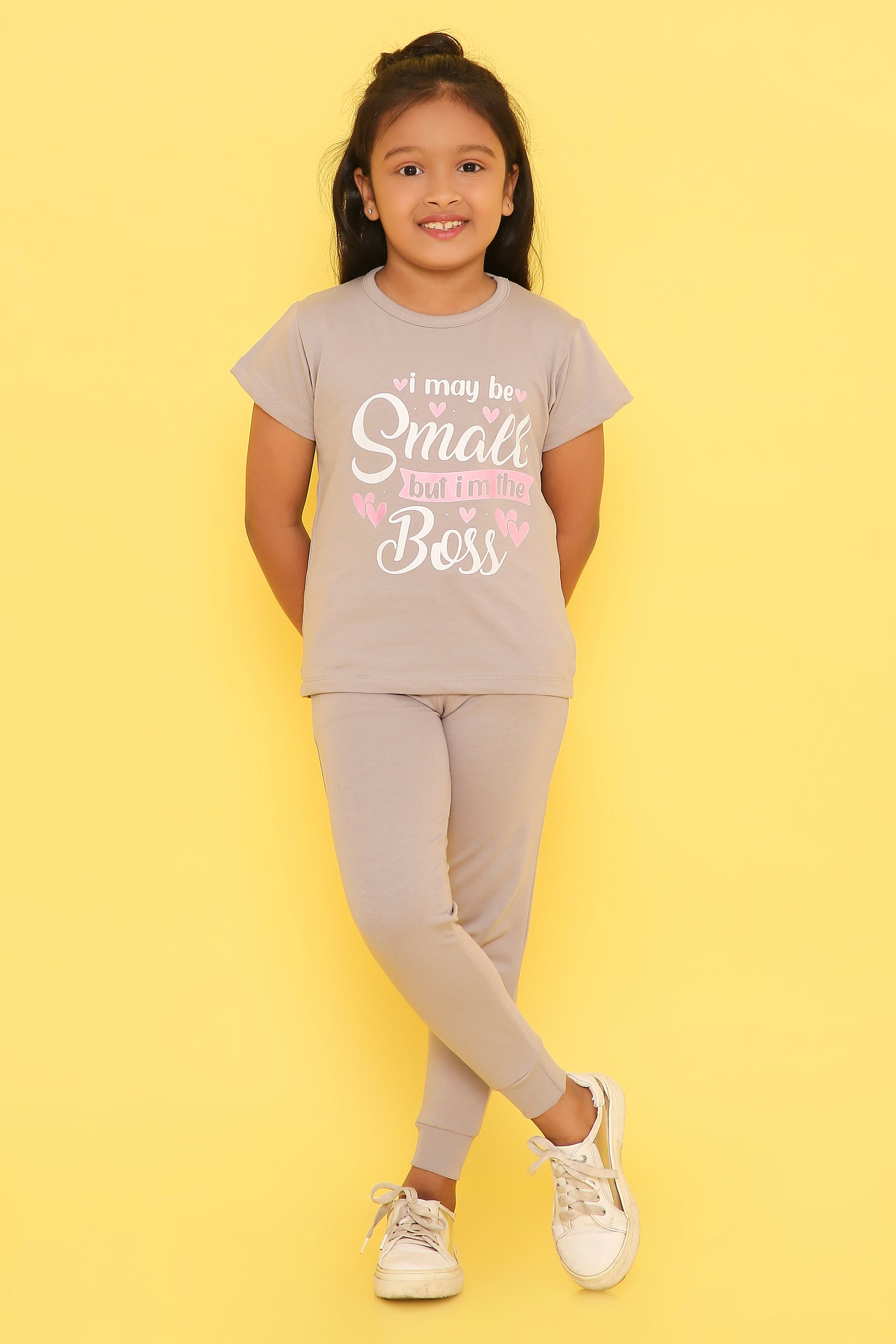Girls' Terry Jogger Set with Cute Slogan Print- Grey