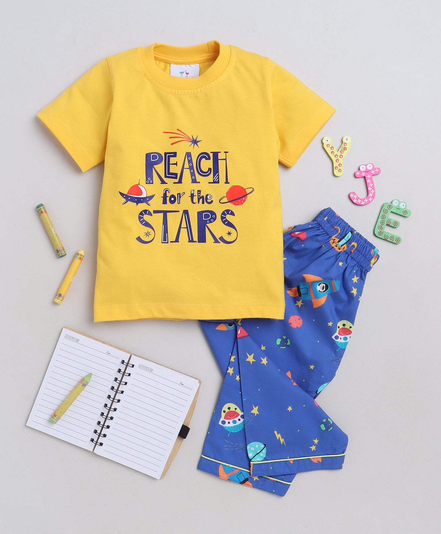 Space Print T-shirt and Pyjama- Blue and Yellow