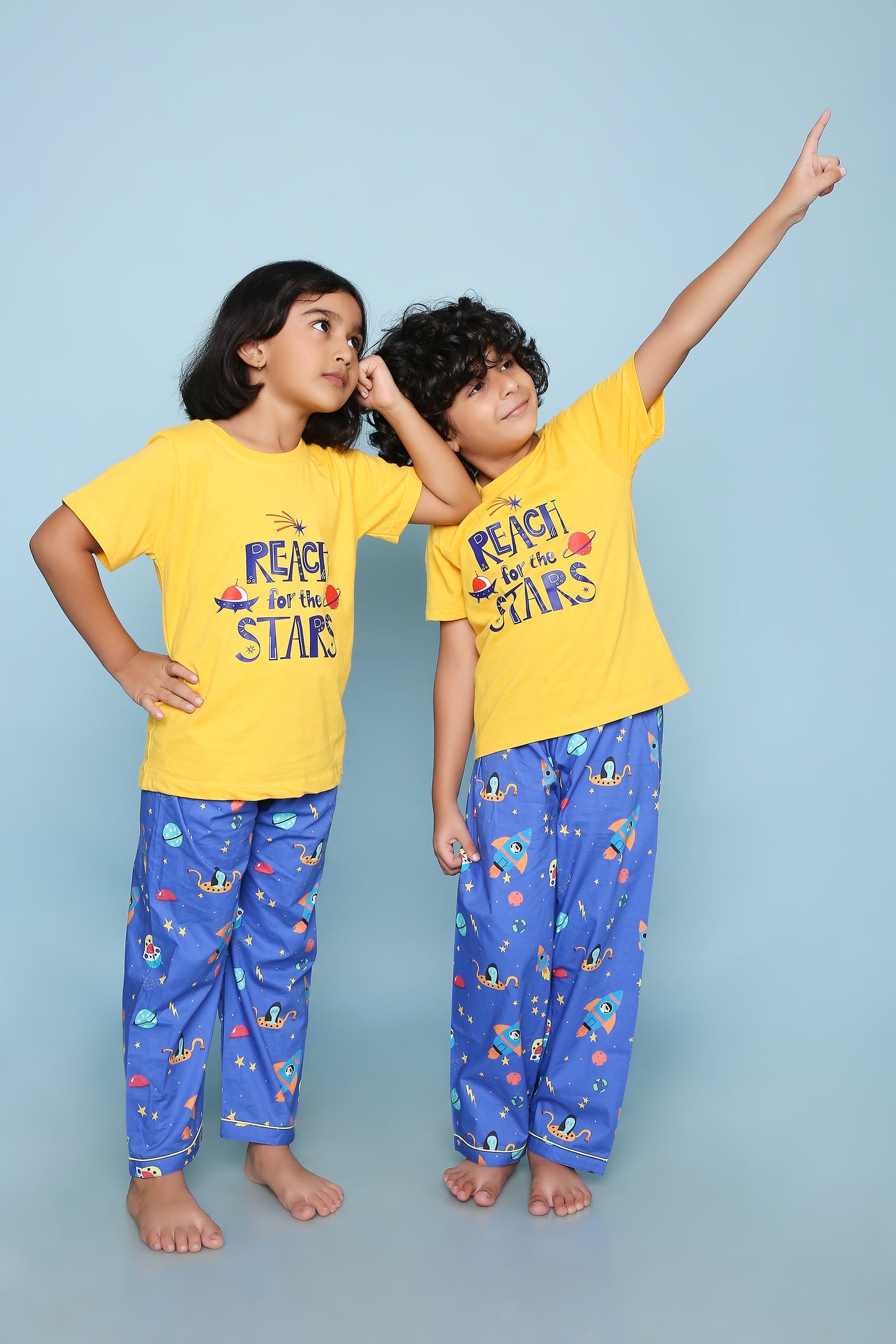 Space Print T-shirt and Pyjama- Blue and Yellow