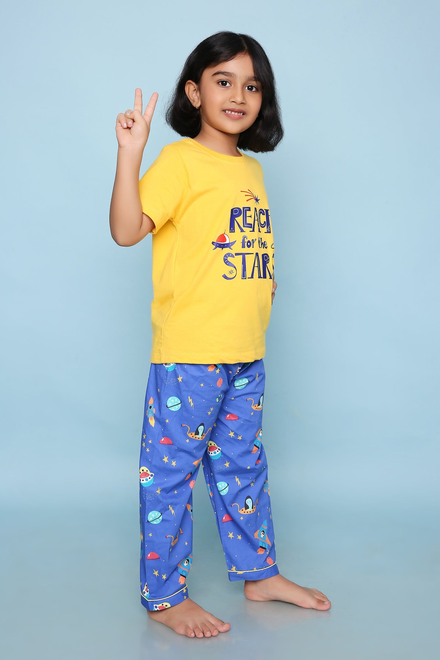 Space Print T-shirt and Pyjama- Blue and Yellow