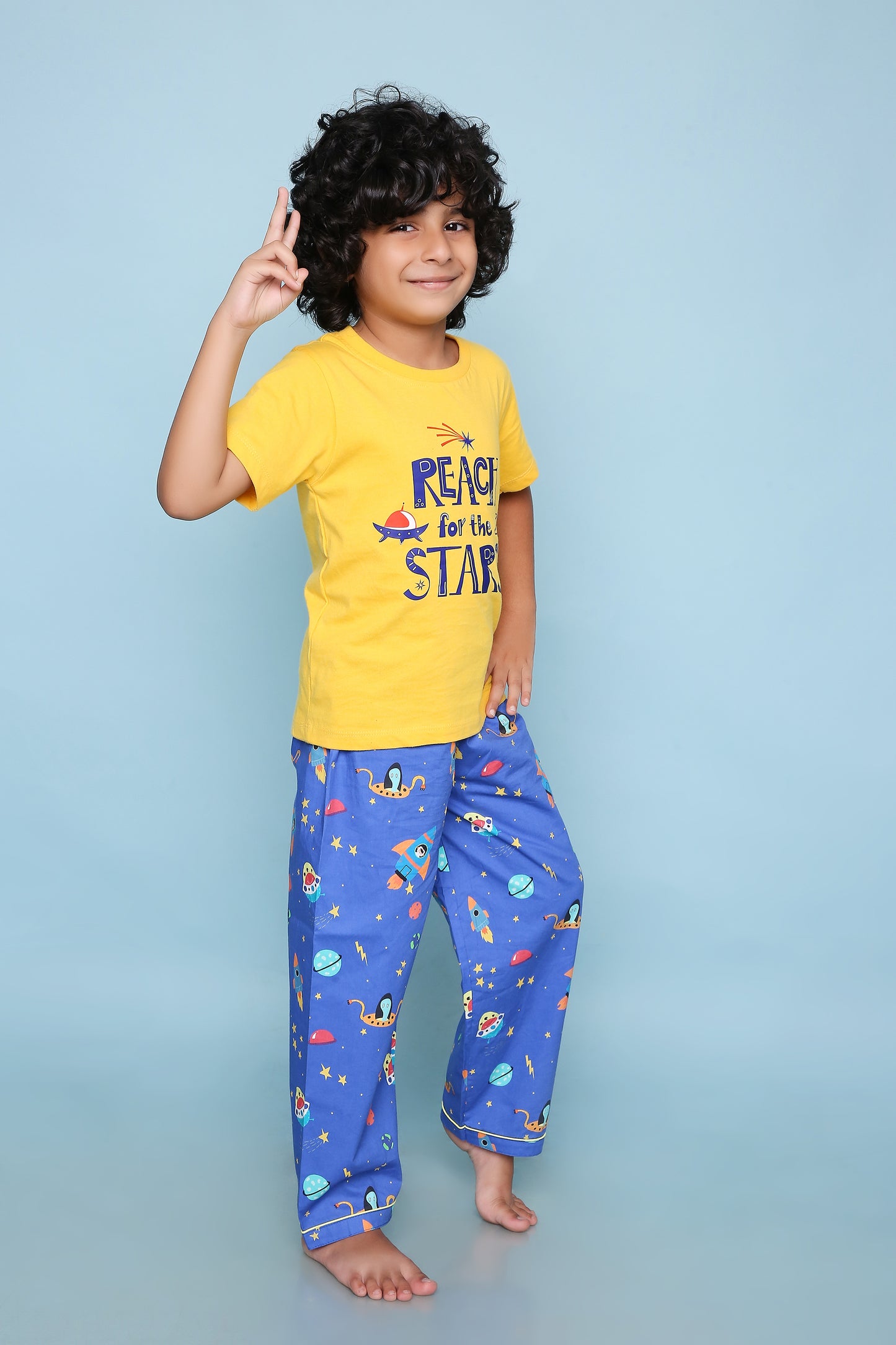 Space Print T-shirt and Pyjama- Blue and Yellow