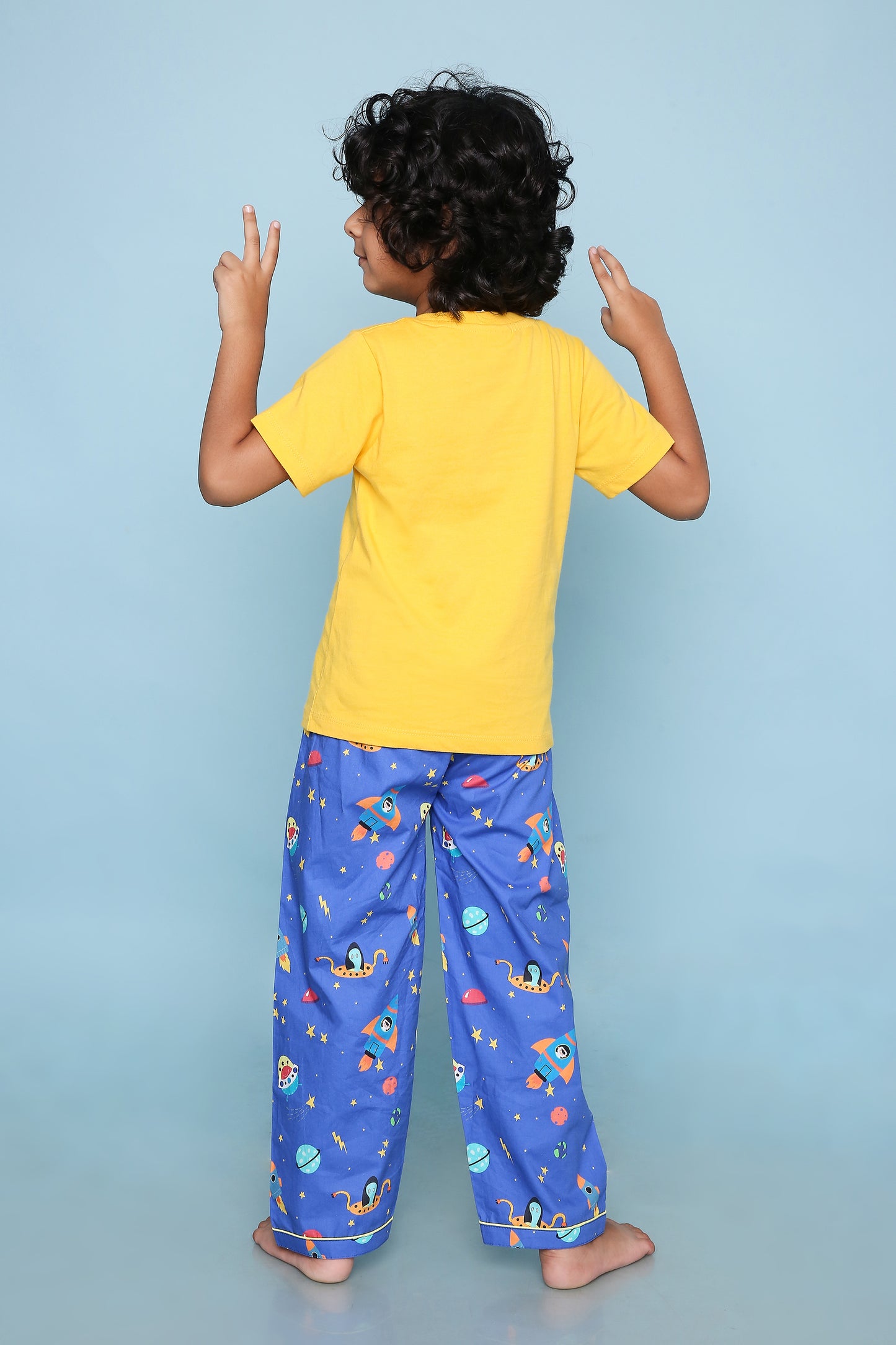 Space Print T-shirt and Pyjama- Blue and Yellow