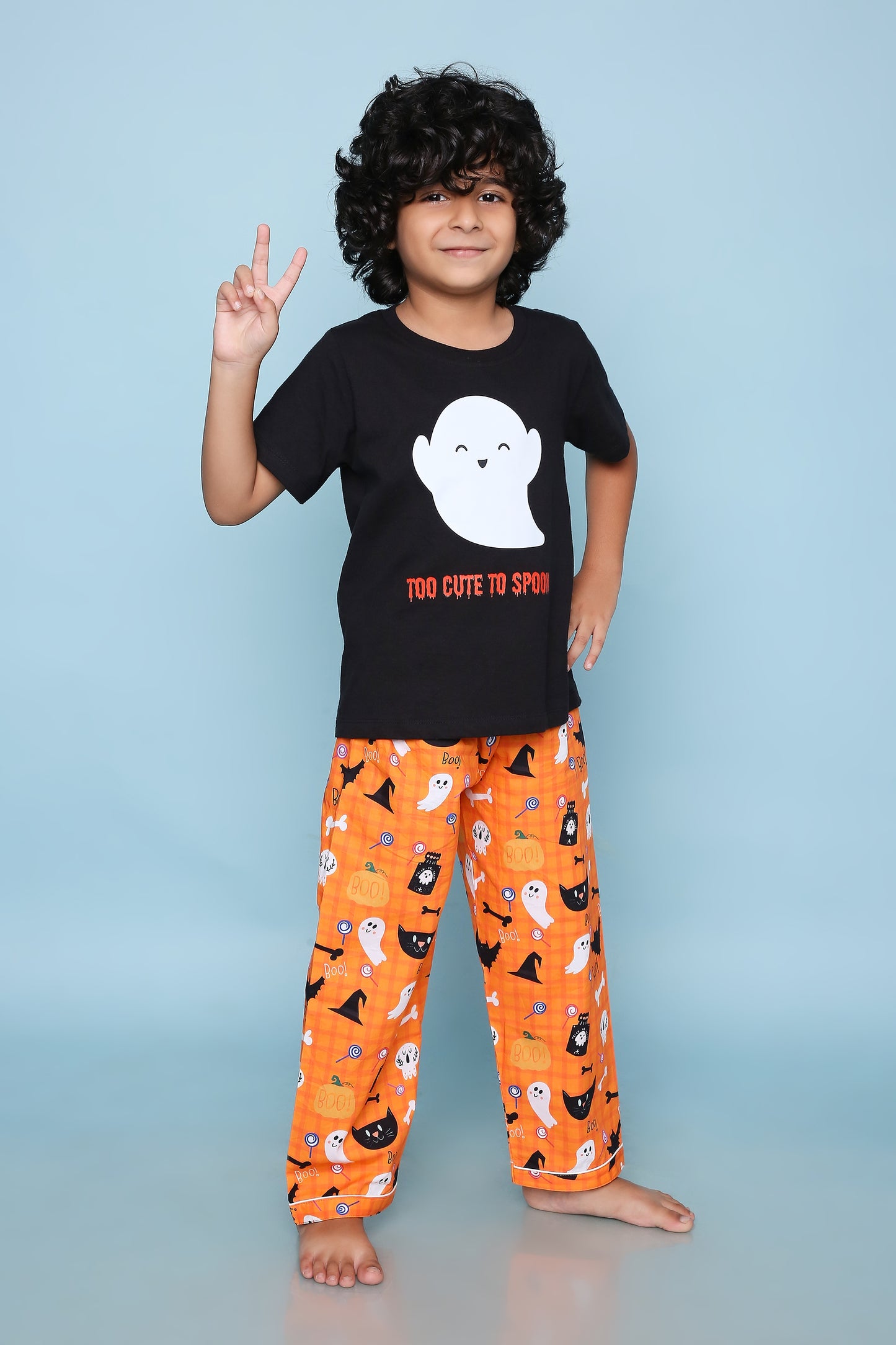 Haloween Print T-shirt and Pyjama- Black and orange