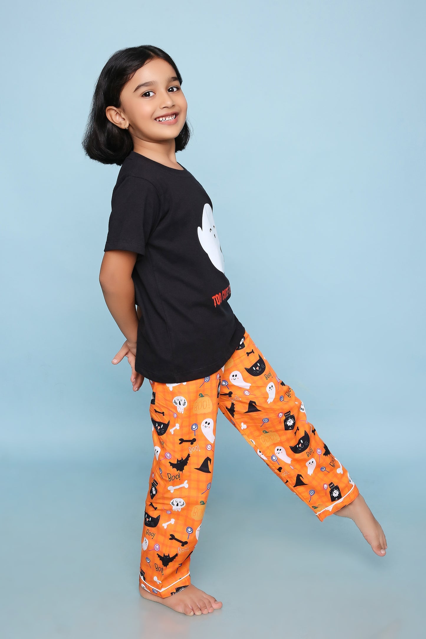 Haloween Print T-shirt and Pyjama- Black and orange