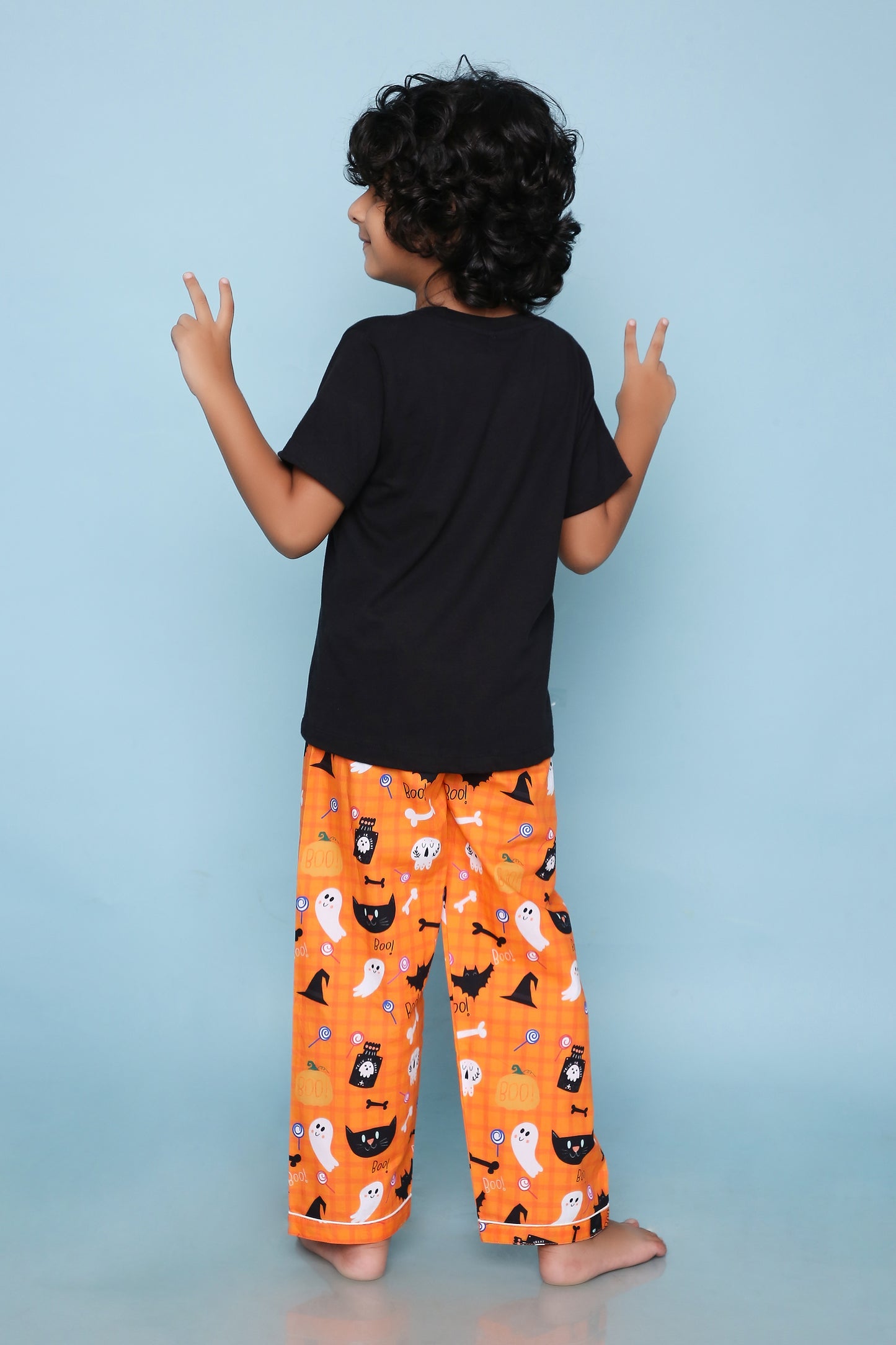 Haloween Print T-shirt and Pyjama- Black and orange