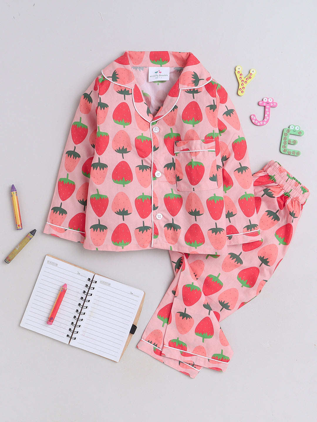 Strawberries Print Night Suit- Pink
