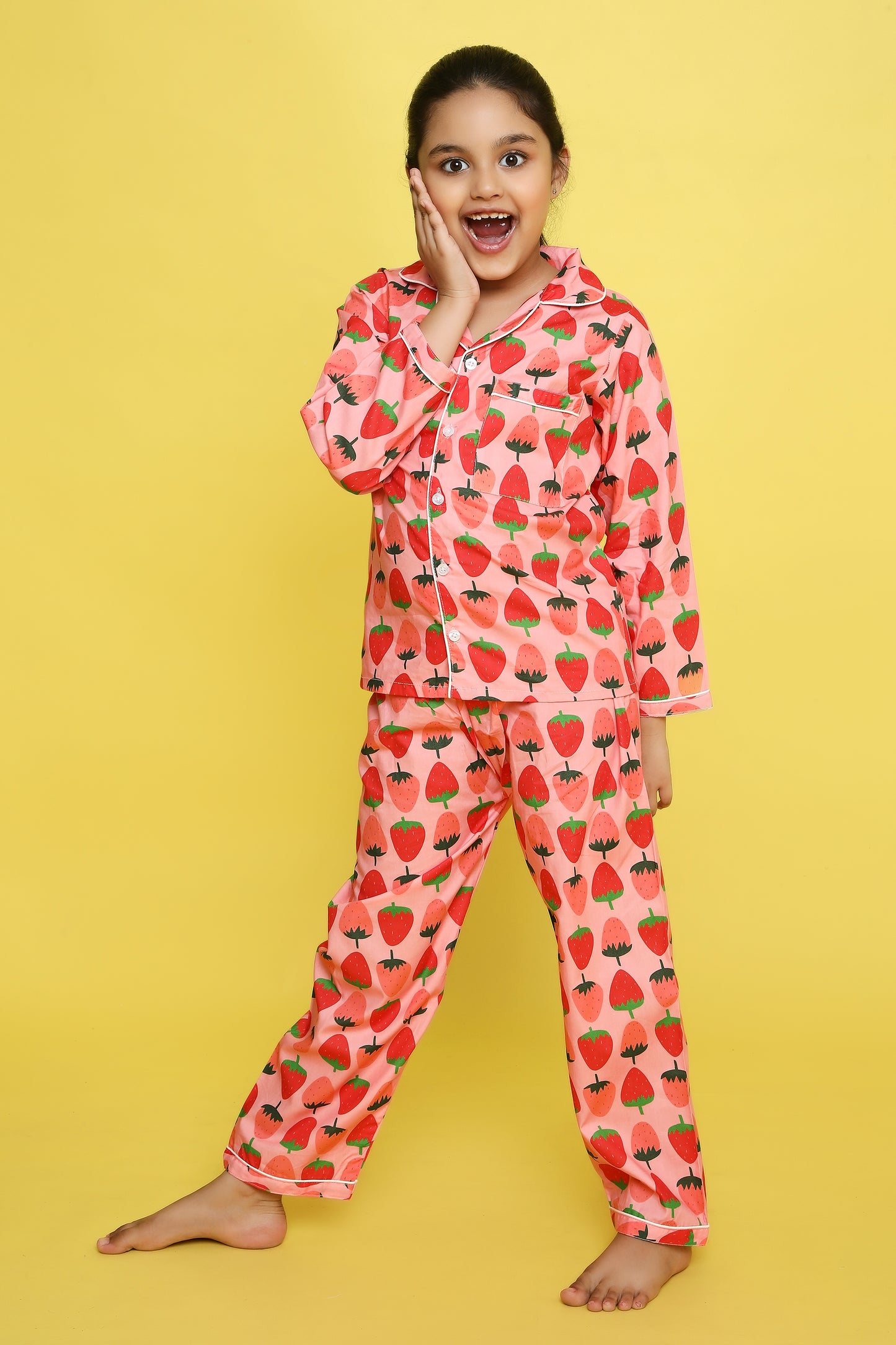 Strawberries Print Night Suit- Pink