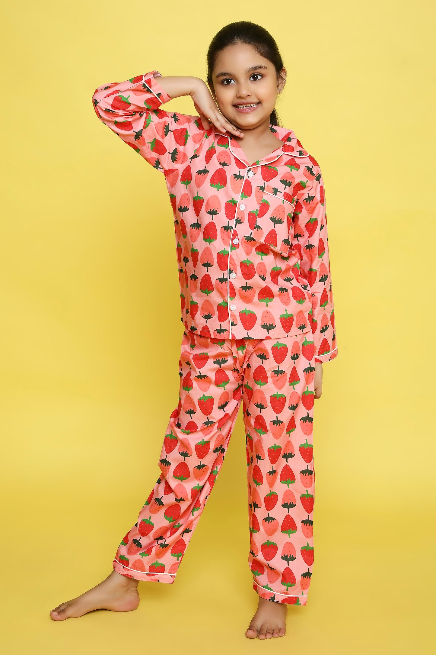 Strawberries Print Night Suit- Pink