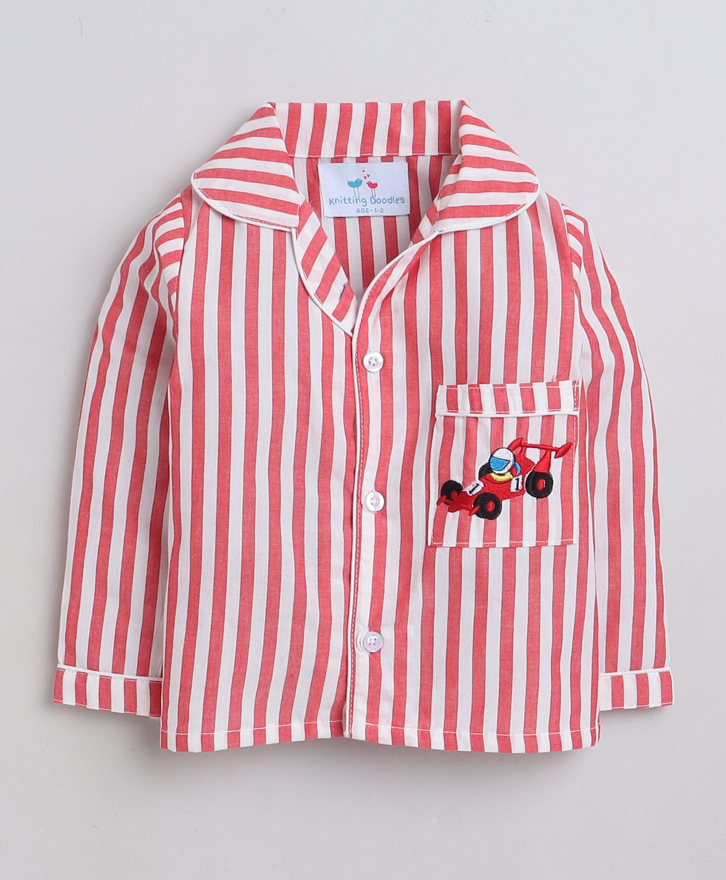 Red and White Stripes Night suit with Smart Racing Car embroidery on pocket