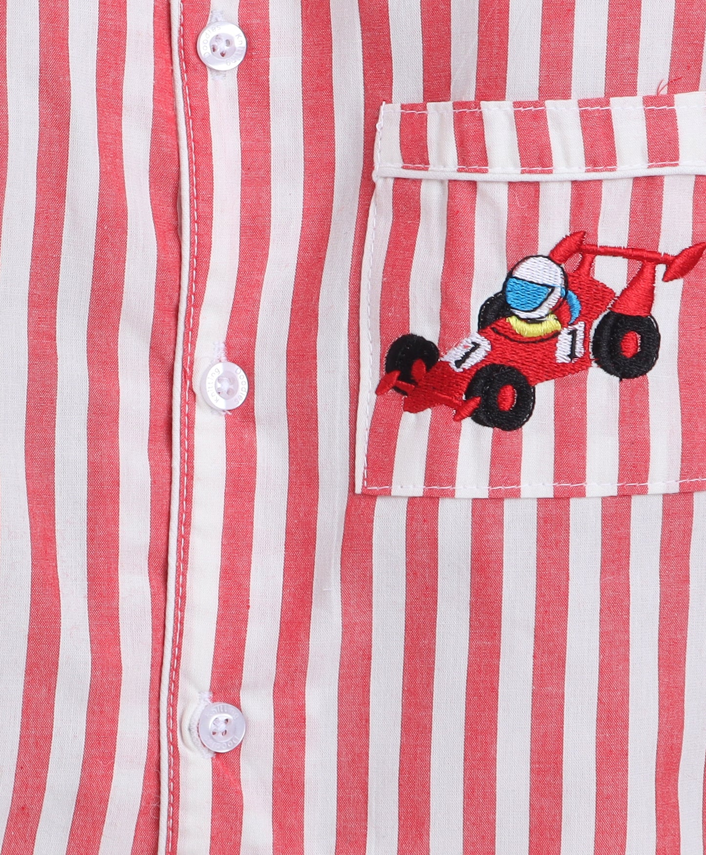 Red and White Stripes Night suit with Smart Racing Car embroidery on pocket