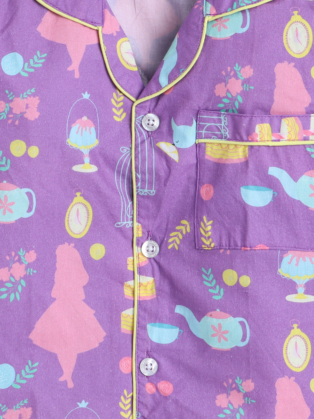 Tea Party Print Night Suit- Purple