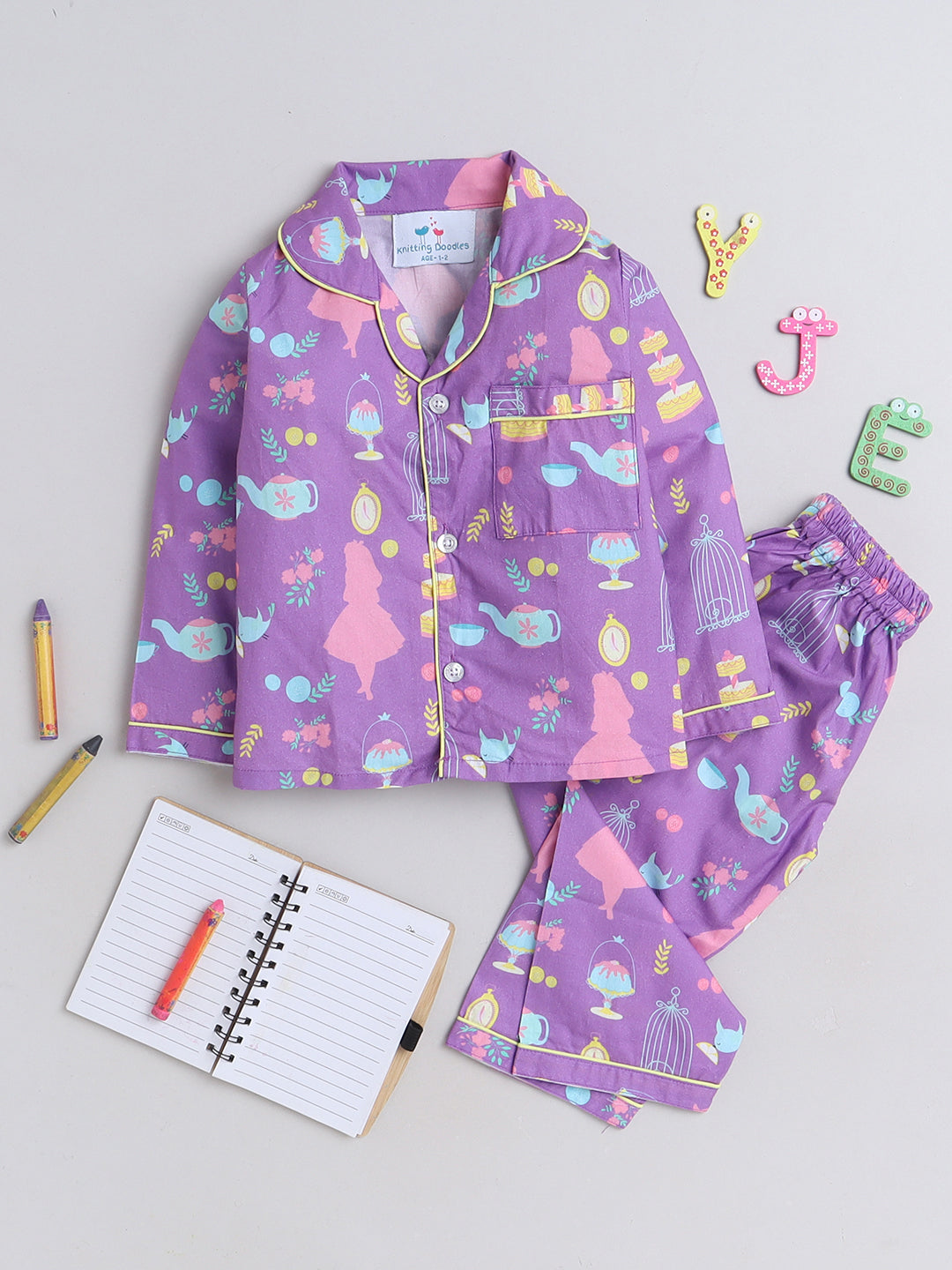 Tea Party Print Night Suit- Purple