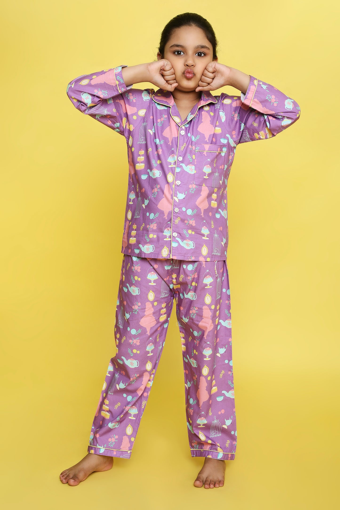 Tea Party Print Night Suit- Purple