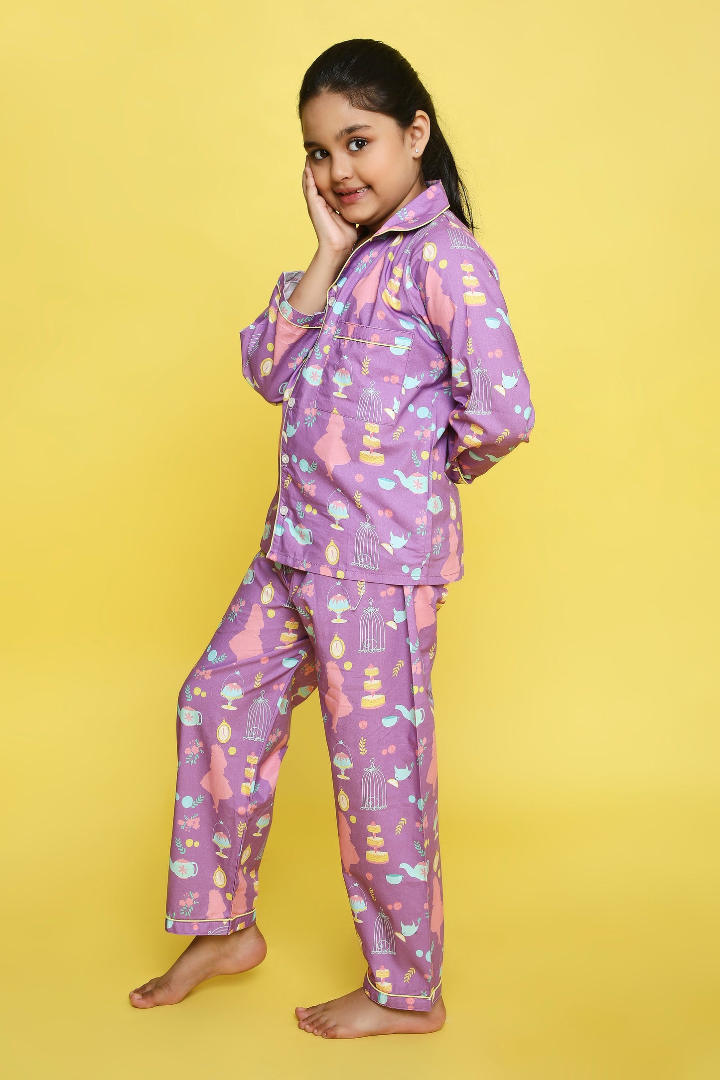 Tea Party Print Night Suit- Purple