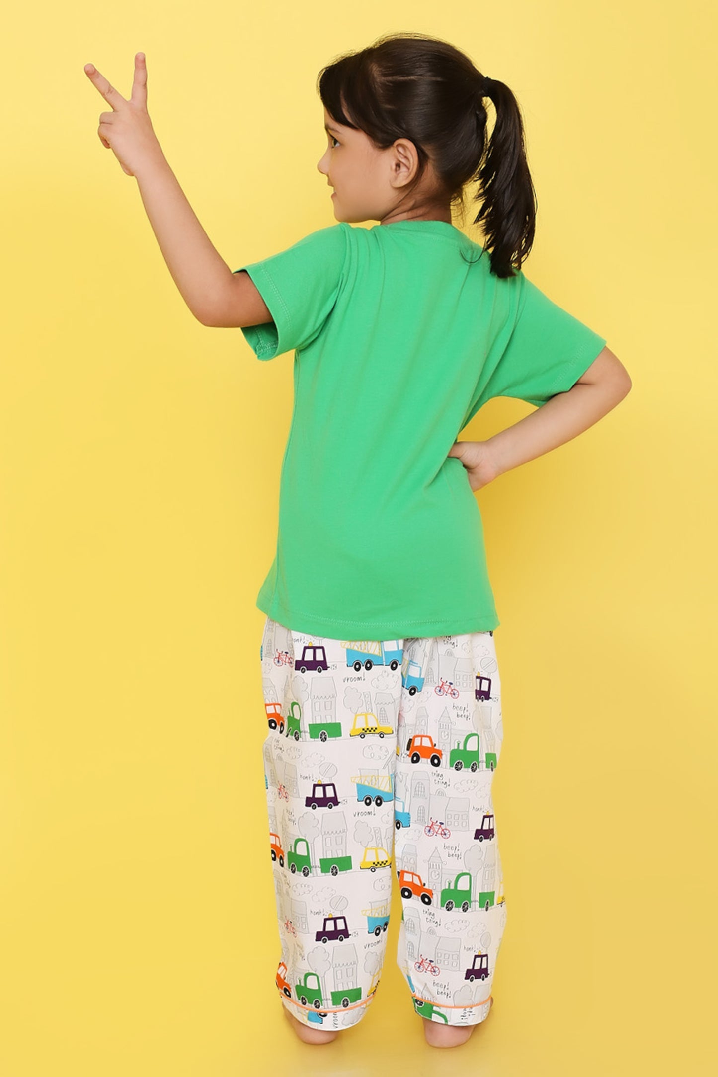 Cars Print T-shirt and Pyjama- Green and White