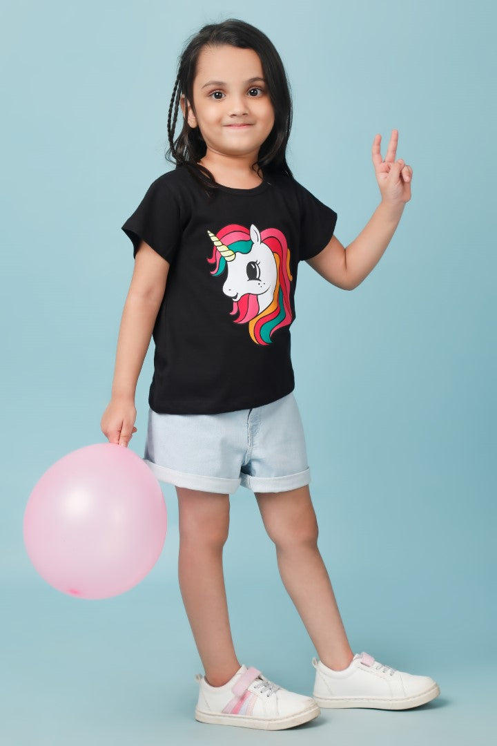 Knitting Doodles Pure cotton Girls' Black t-shirt with Cute Unicorn print- Black