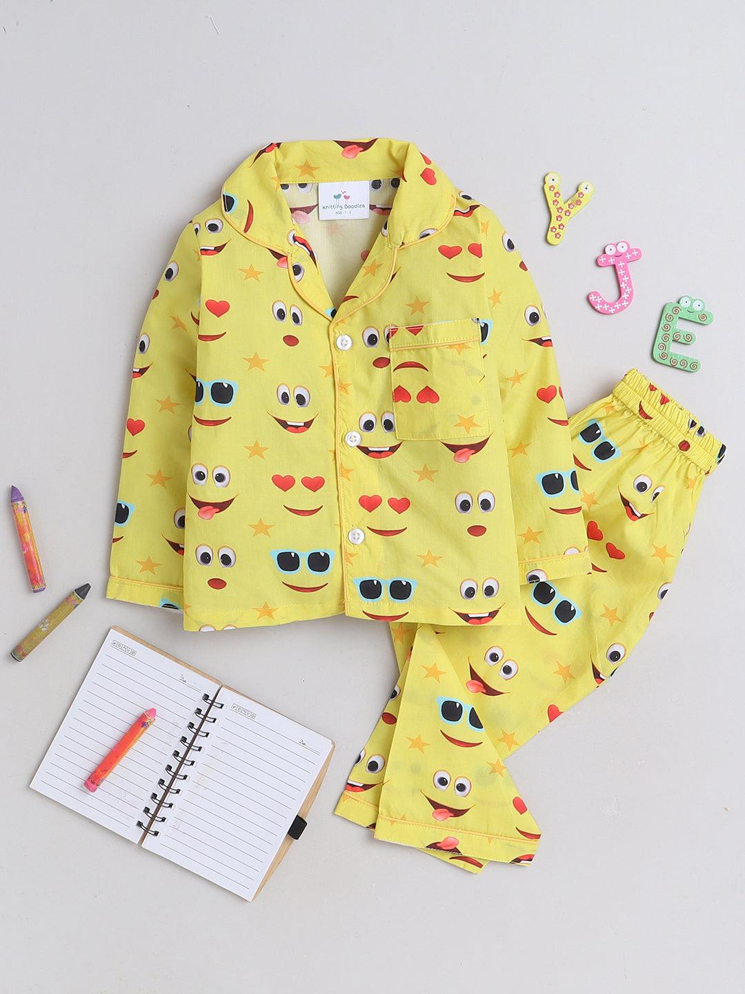 Emoji Print Night Suit- Yellow