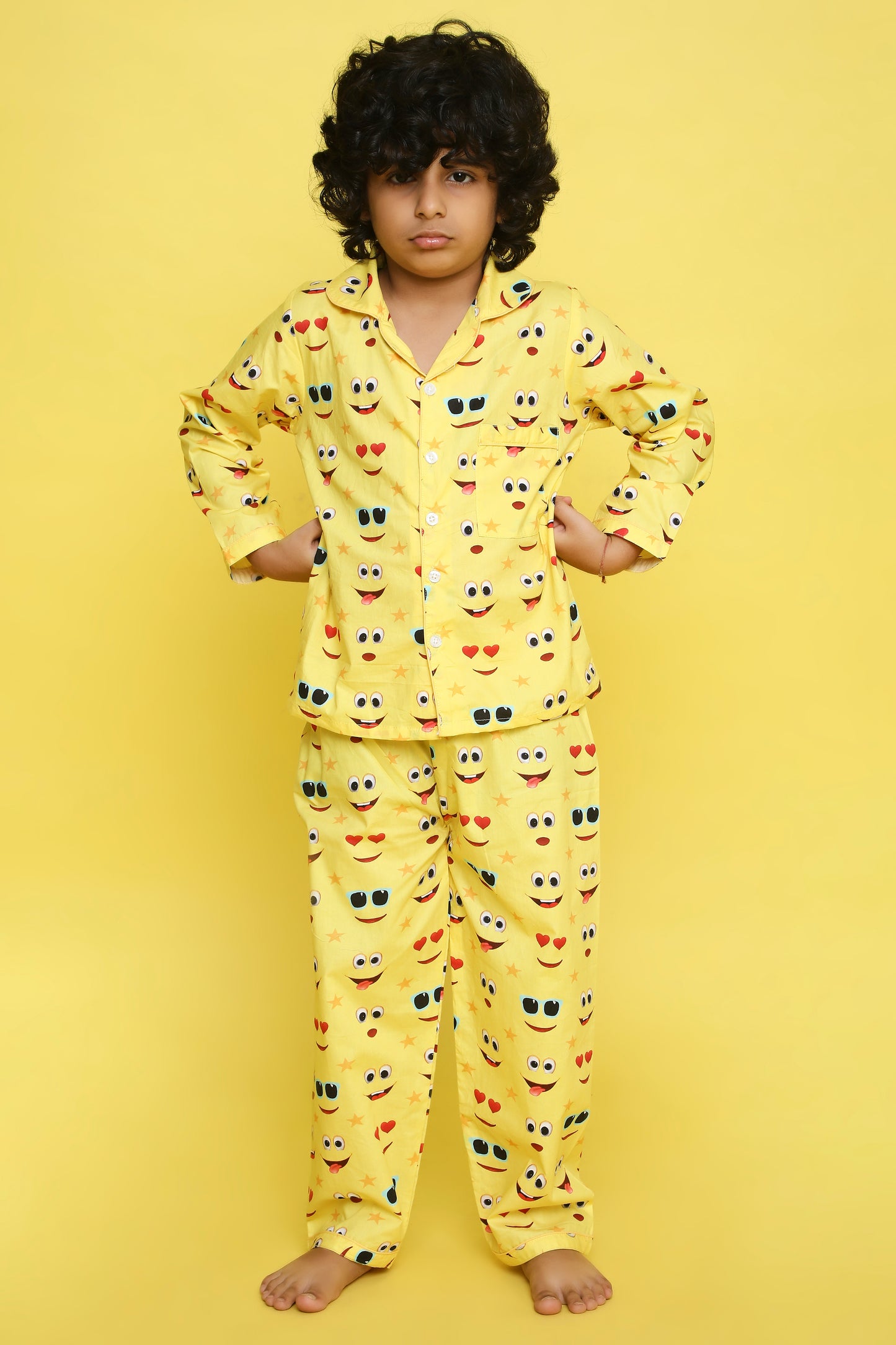 Emoji Print Night Suit- Yellow