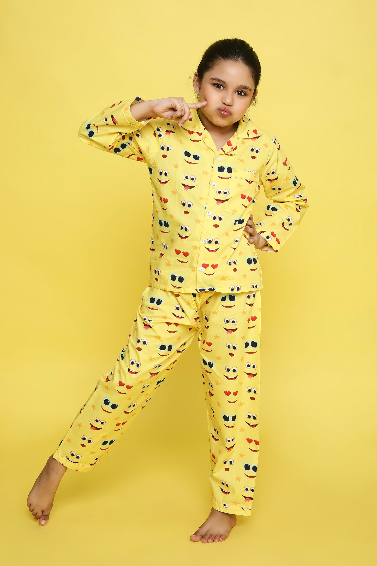 Emoji Print Night Suit- Yellow