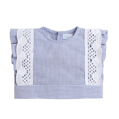 Blue and White Stripes Coord Set- Crop Top With Lace And Paper Bag Pants