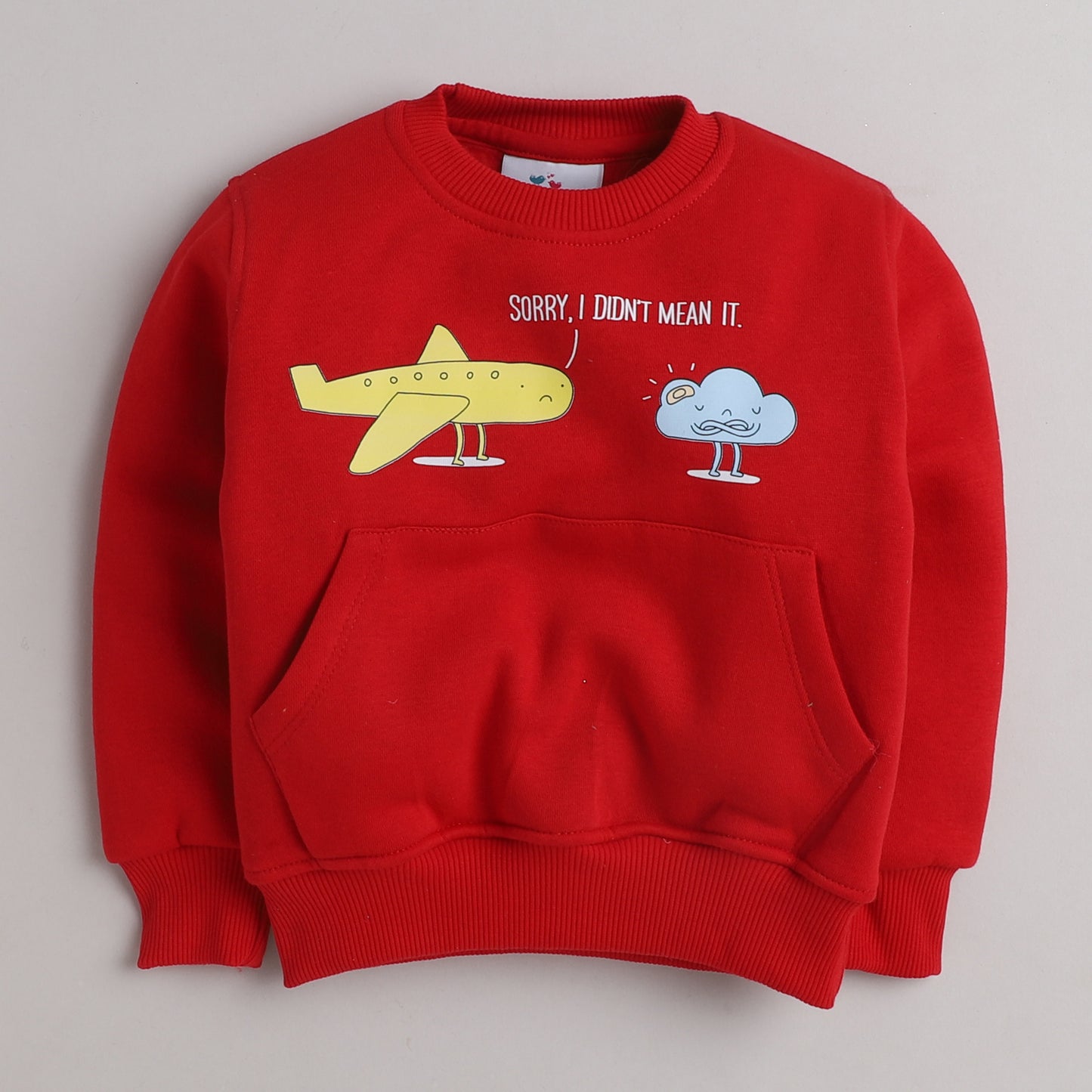 Knitting Doodles Fleece Kid's Red Round Neck Cloud And Aeroplane Print Sweatshirt With Front Pocket- Red