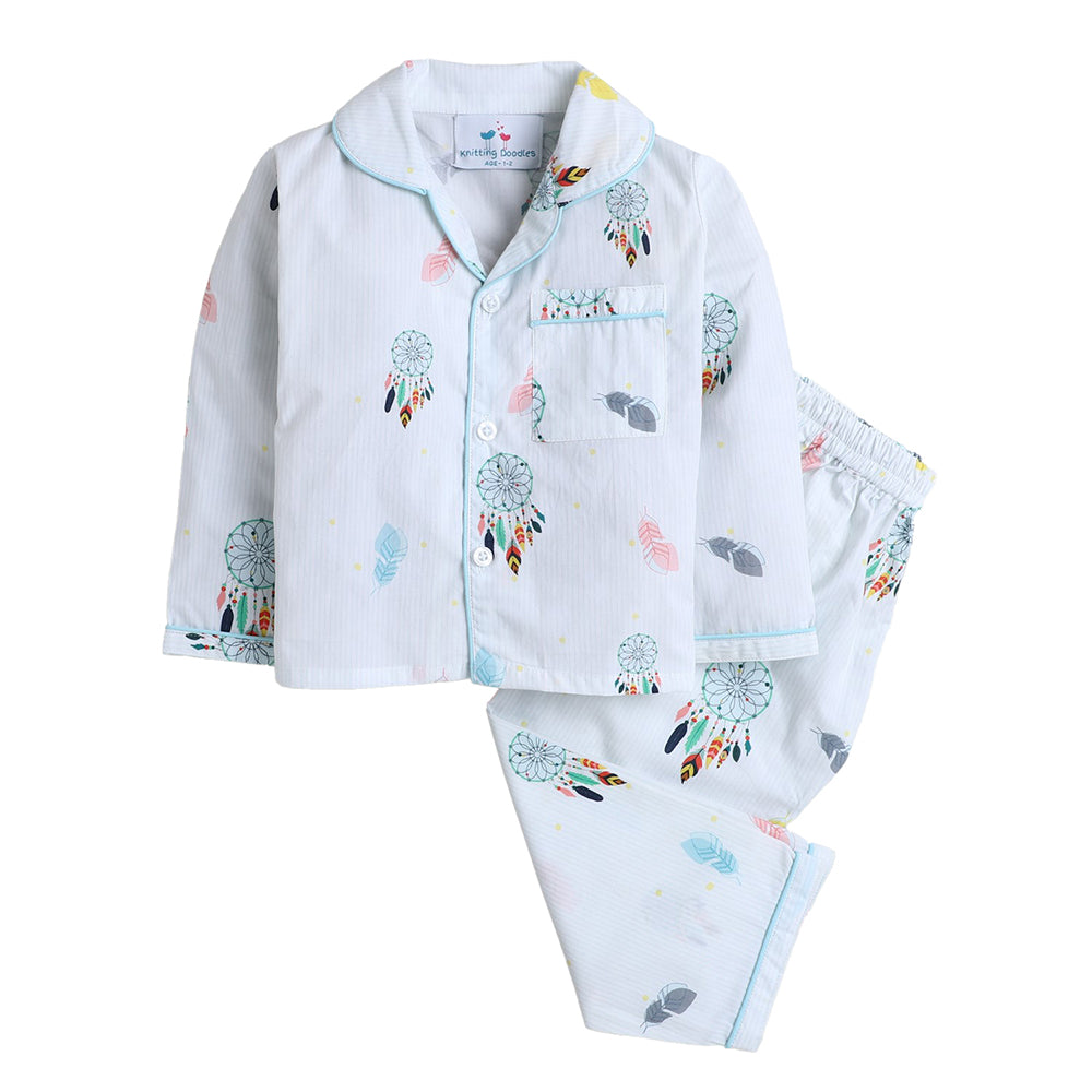Knitting Doodles Dreamcatcher Print Night Suit- Light Blue