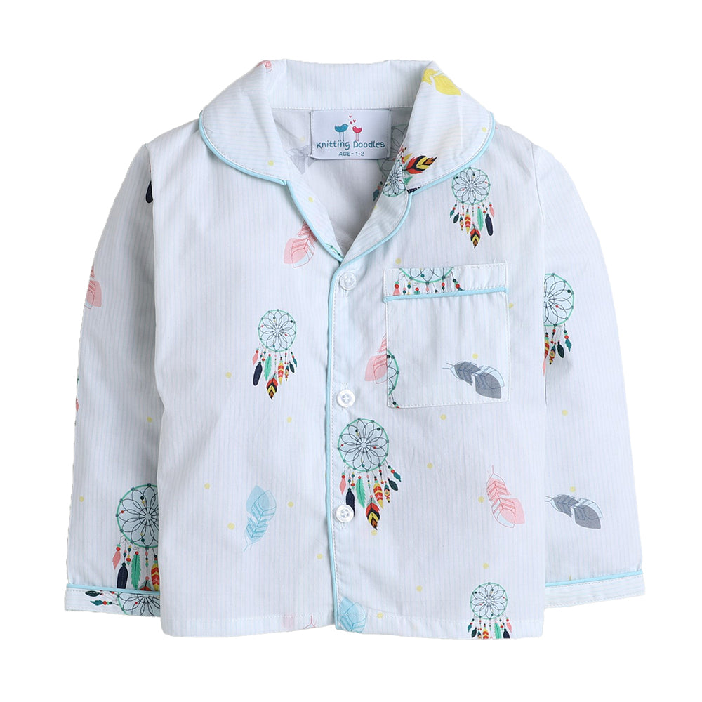 Knitting Doodles Dreamcatcher Print Night Suit- Light Blue