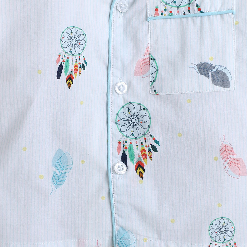 Knitting Doodles Dreamcatcher Print Night Suit- Light Blue