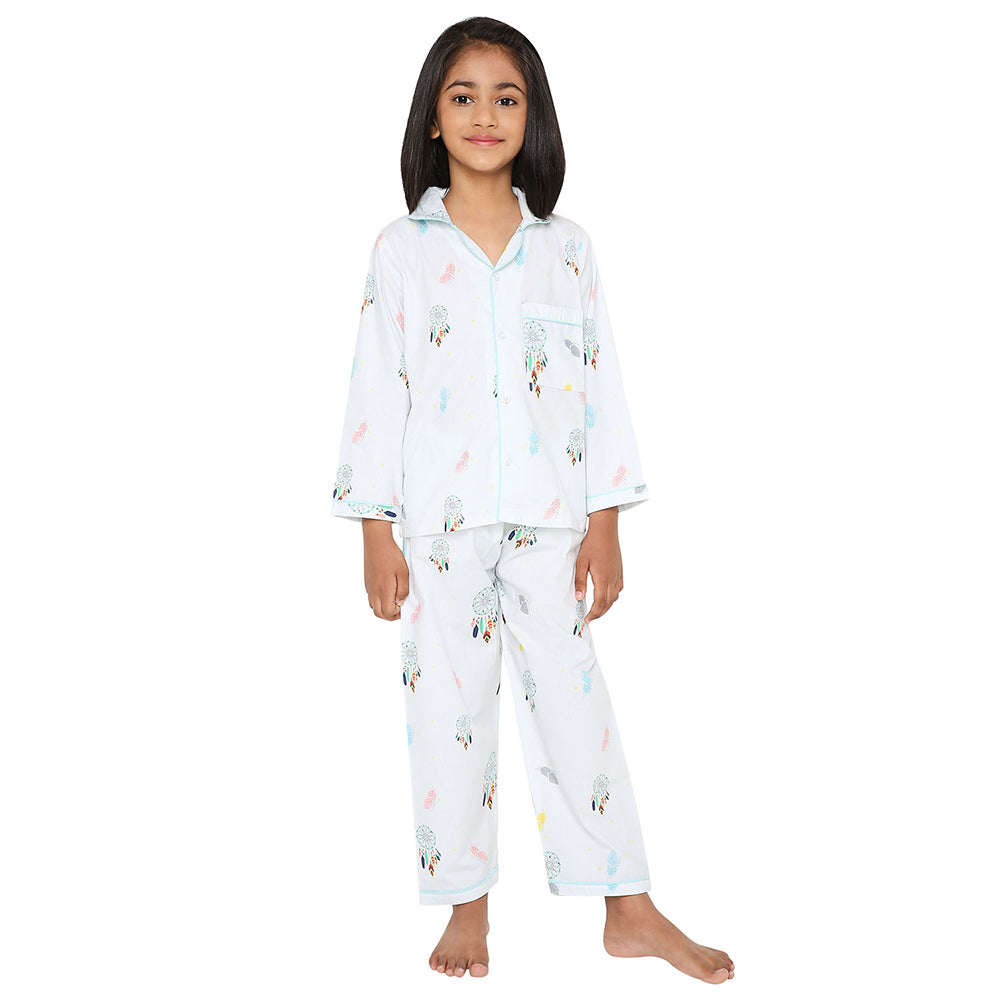 Knitting Doodles Dreamcatcher Print Night Suit- Light Blue