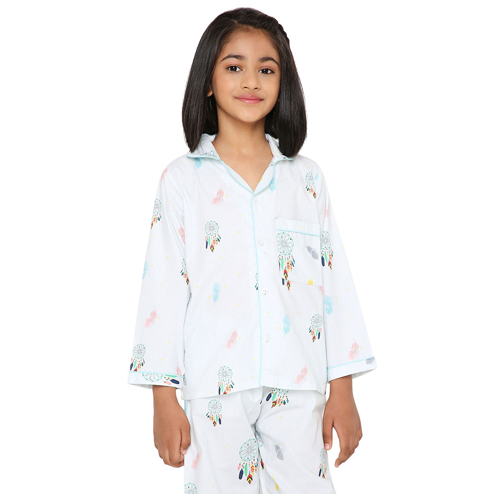 Knitting Doodles Dreamcatcher Print Night Suit- Light Blue