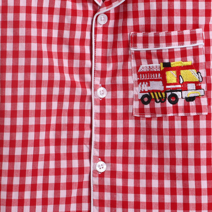 Red And White Checks Night Suit With Cute Fire Brigade Embroidery On Pocket
