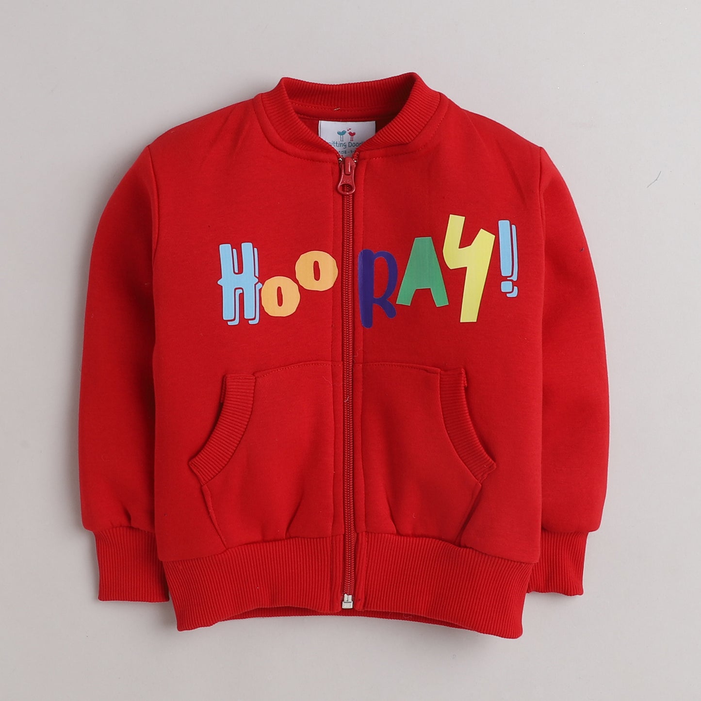 Knitting Doodles Fleece Kid's Red Round Neck Hooray Print Jacket- Red