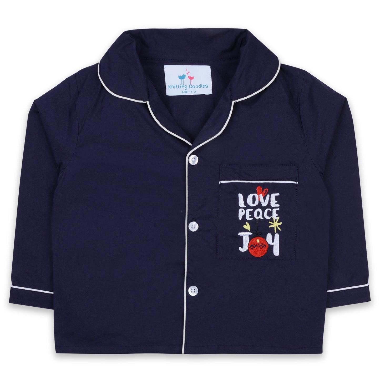 Darkblue Poplin Night Suit with Love Peace Joy Embroidery On Pocket