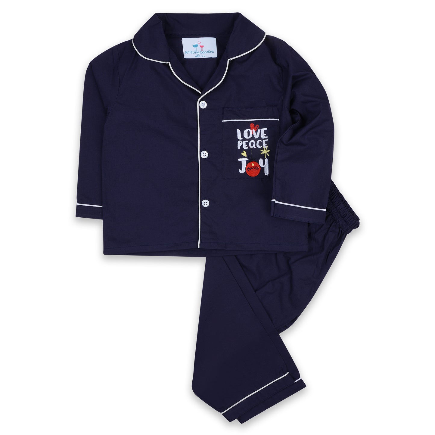 Darkblue Poplin Night Suit with Love Peace Joy Embroidery On Pocket