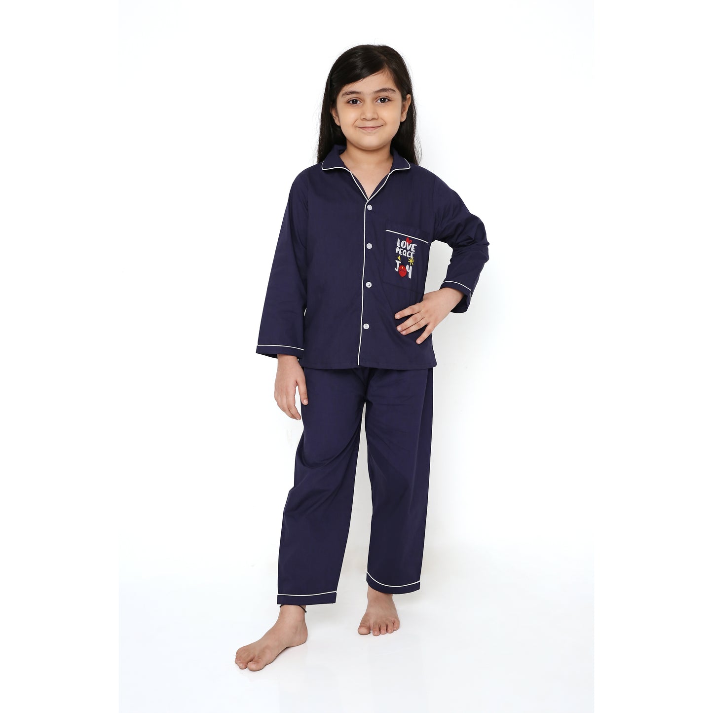 Darkblue Poplin Night Suit with Love Peace Joy Embroidery On Pocket