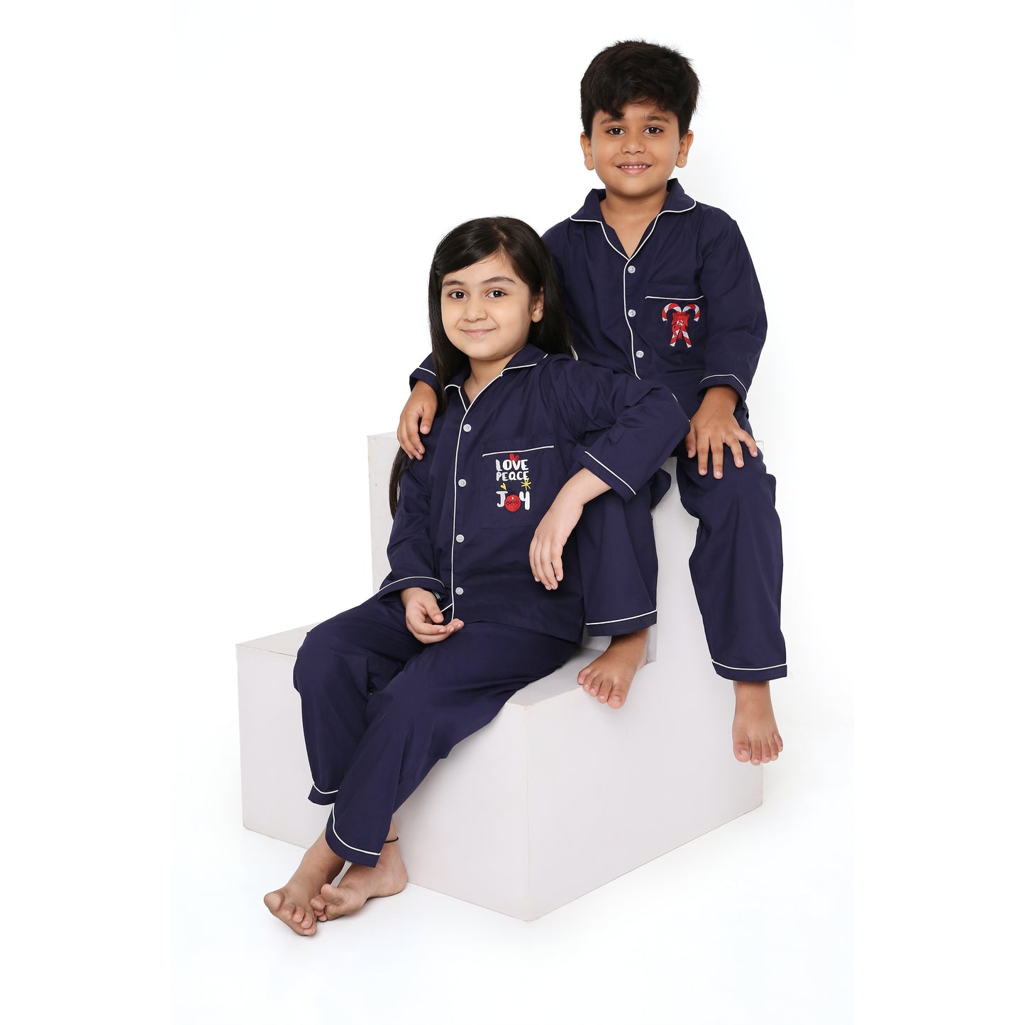 Darkblue Poplin Night Suit with Love Peace Joy Embroidery On Pocket