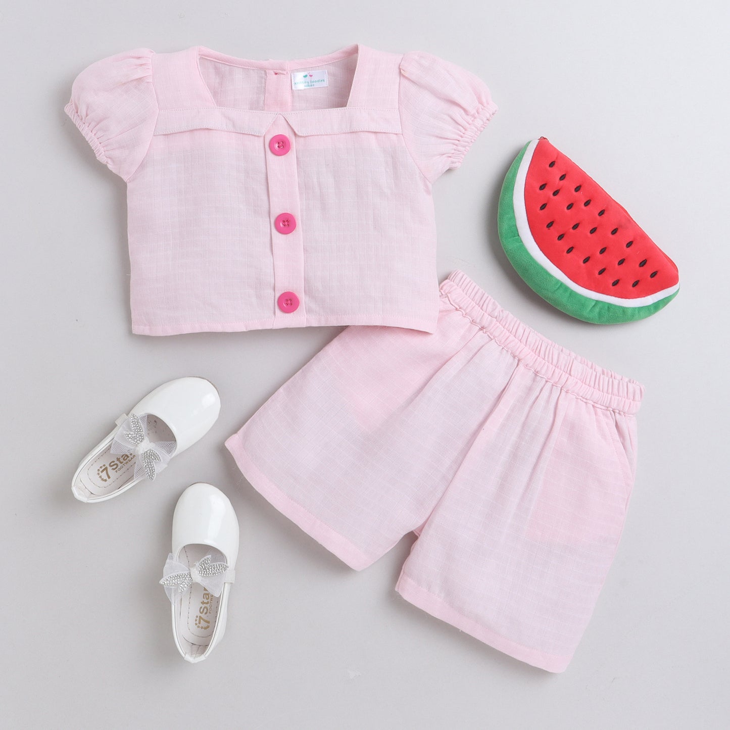 Pink Coord Set With Shorts And Button Detailing