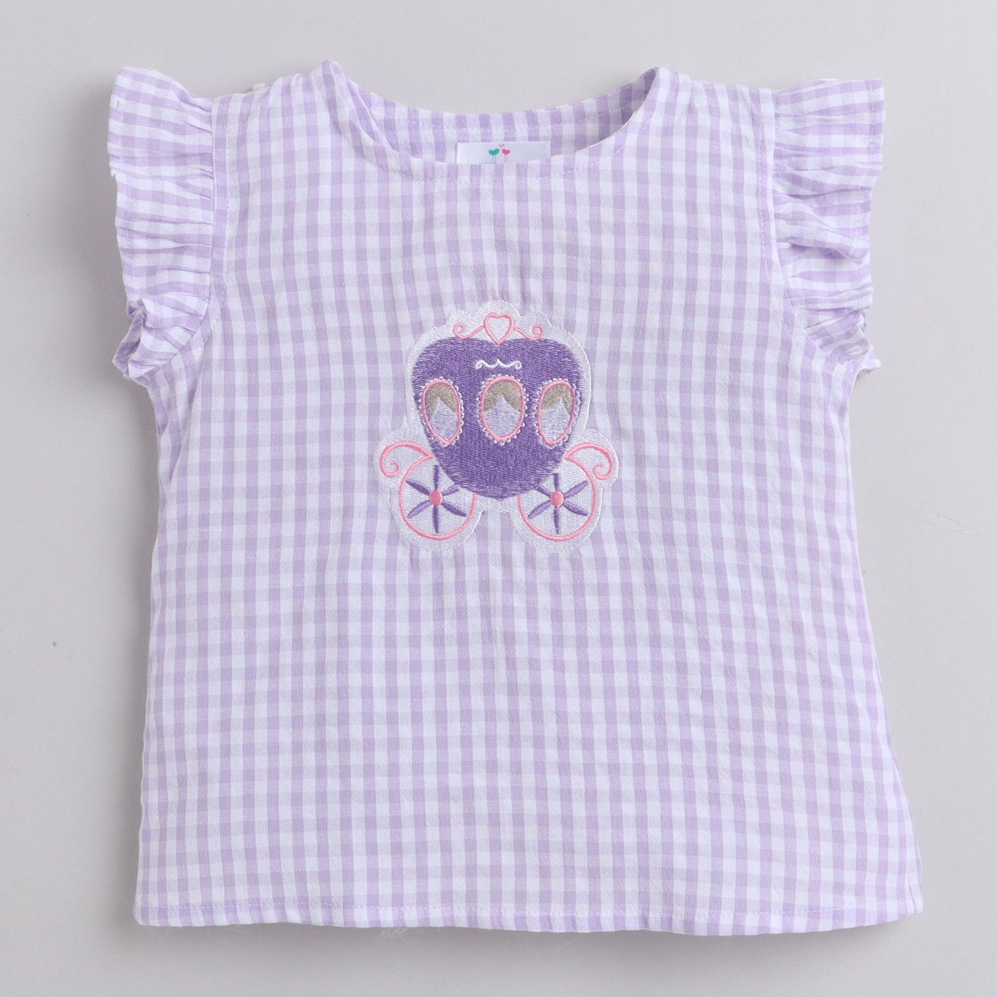 Purple And White Checks Coord Set With Shorts And Cute Princess Carriage Embroidery