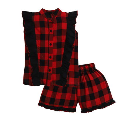 Red and Black Coord Set- Shirt With Frill And Shorts