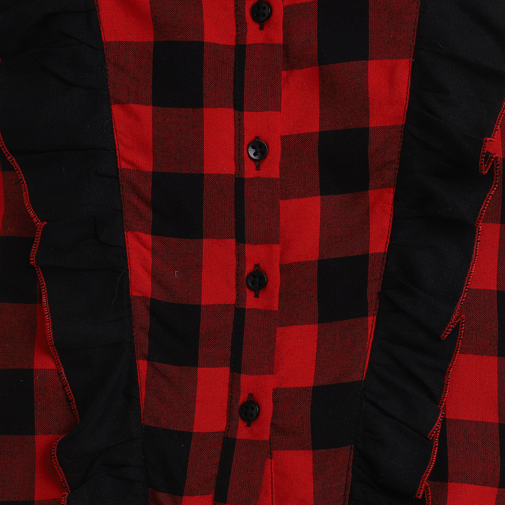 Red and Black Coord Set- Shirt With Frill And Shorts