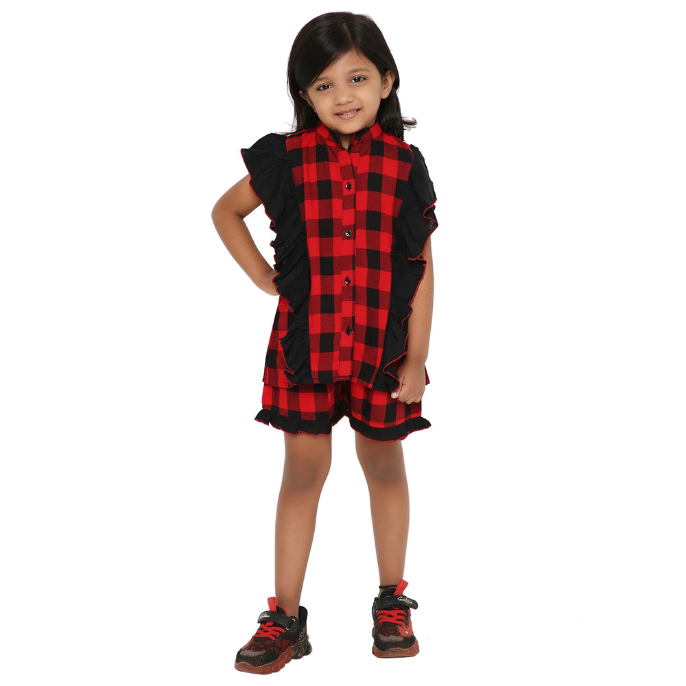 Red and Black Coord Set- Shirt With Frill And Shorts
