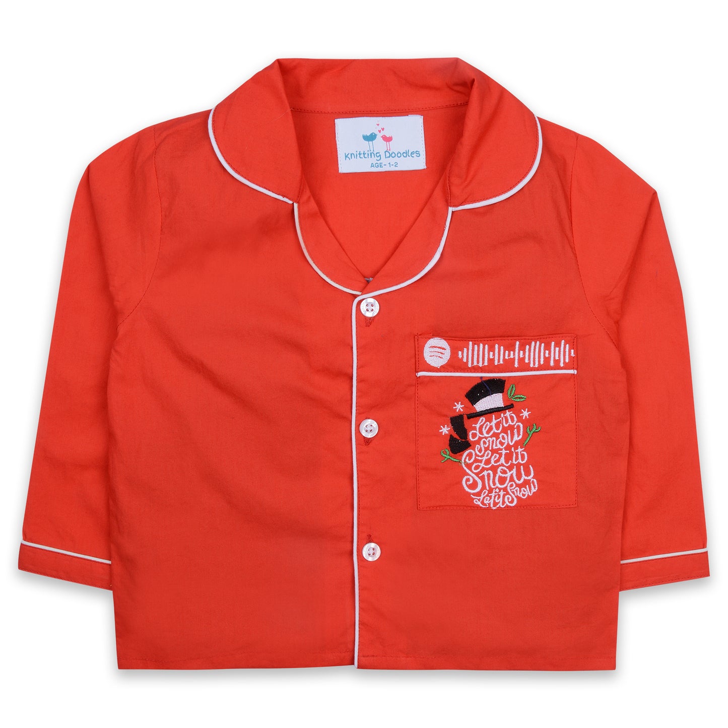 Red Poplin Night Suit With Let It Snow Emboidery On Pocket