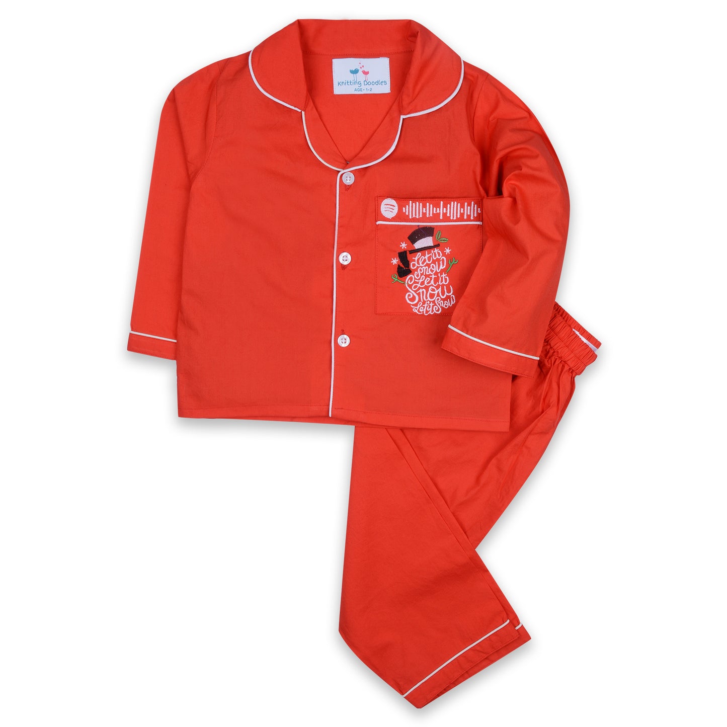 Red Poplin Night Suit With Let It Snow Emboidery On Pocket