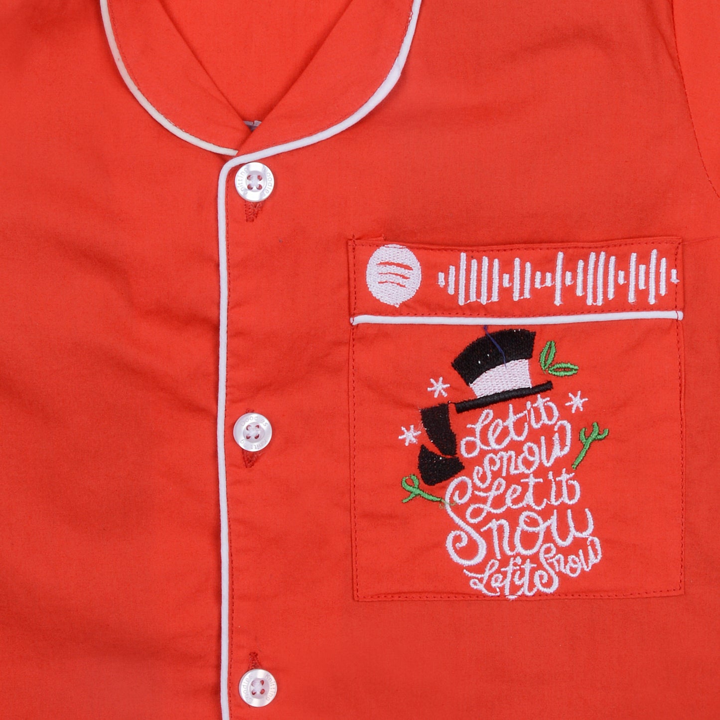Red Poplin Night Suit With Let It Snow Emboidery On Pocket