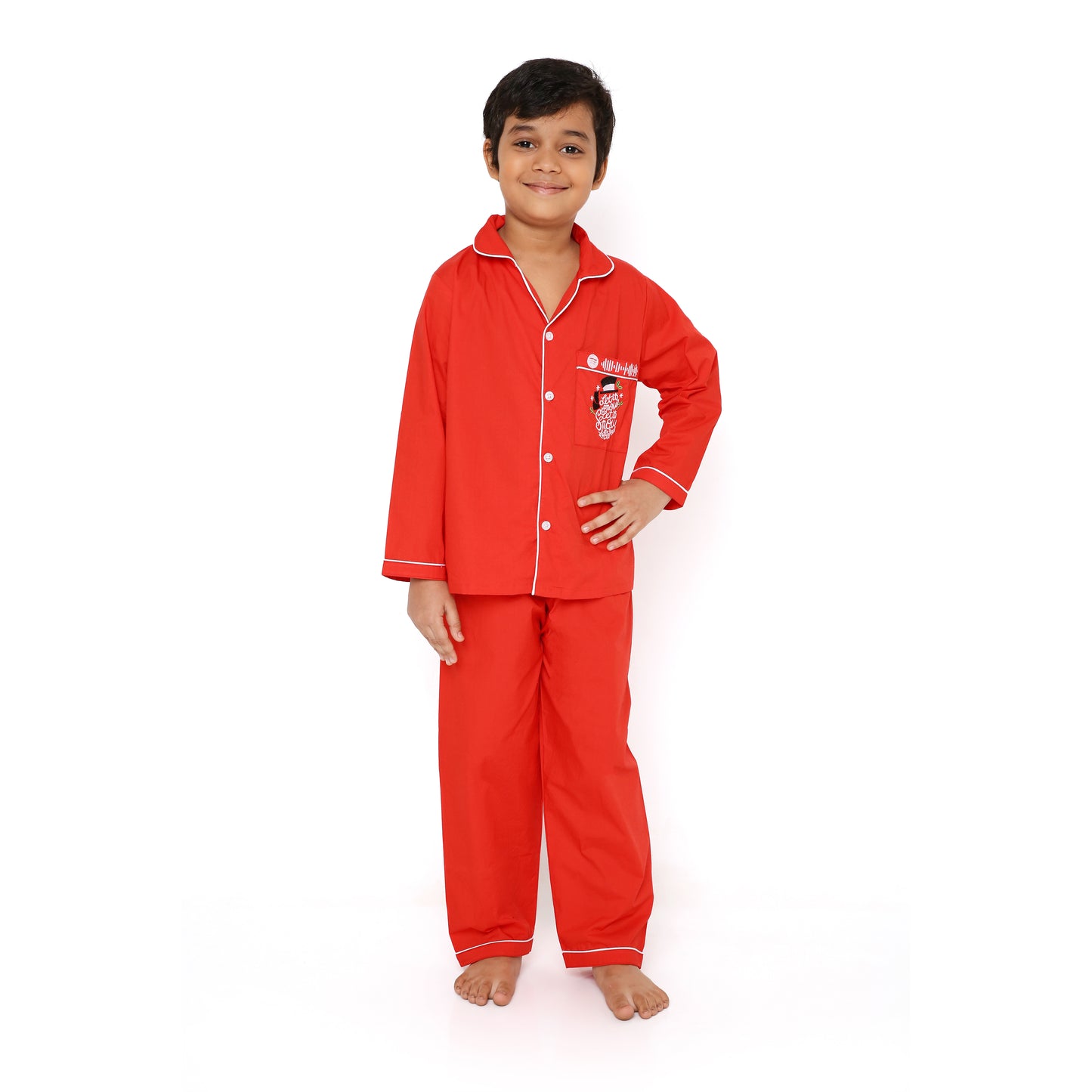 Red Poplin Night Suit With Let It Snow Emboidery On Pocket