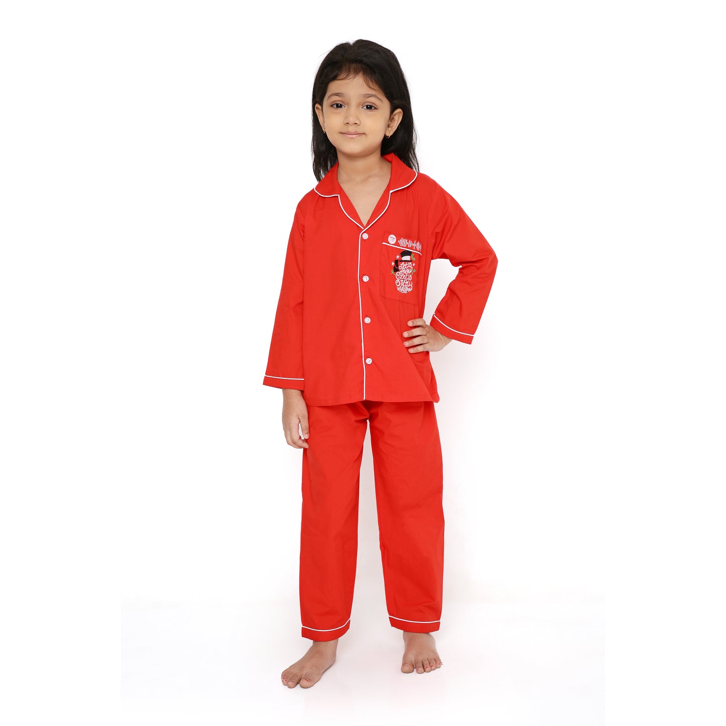 Red Poplin Night Suit With Let It Snow Emboidery On Pocket