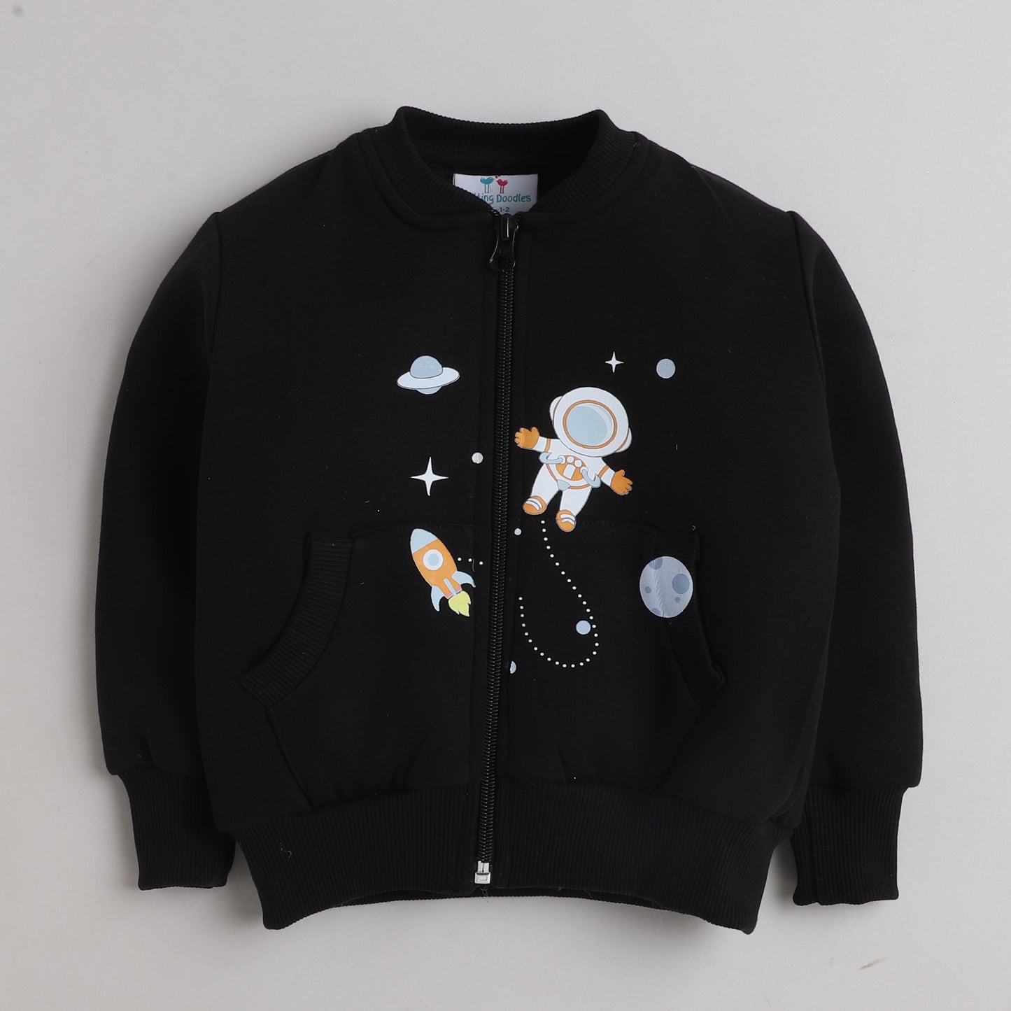 Knitting Doodles Fleece Kid's Black Round Neck Space Print Jacket-Black