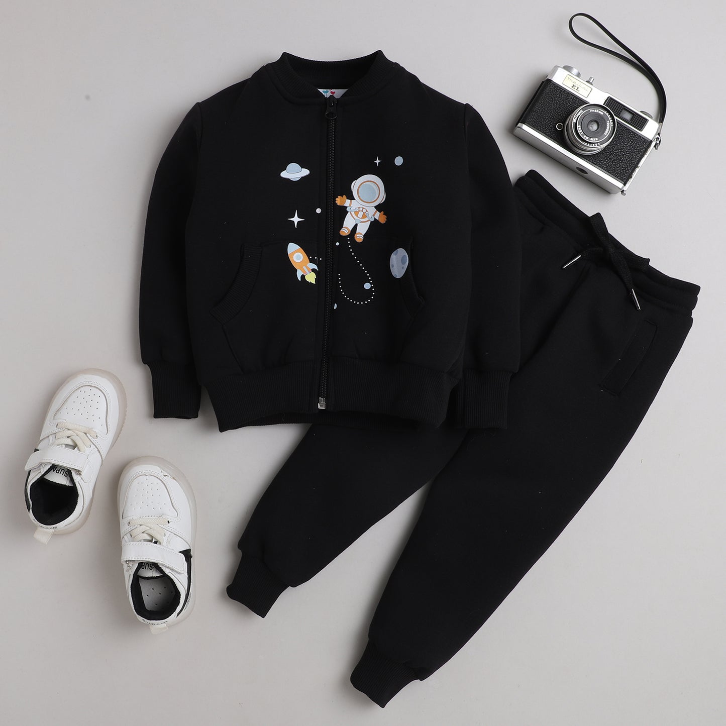 Knitting Doodles Fleece Kid's Black Round Neck Space Print Jogger Set- Black